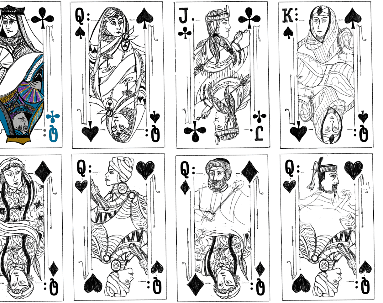 sketches of a diverse set of playing cards face cards