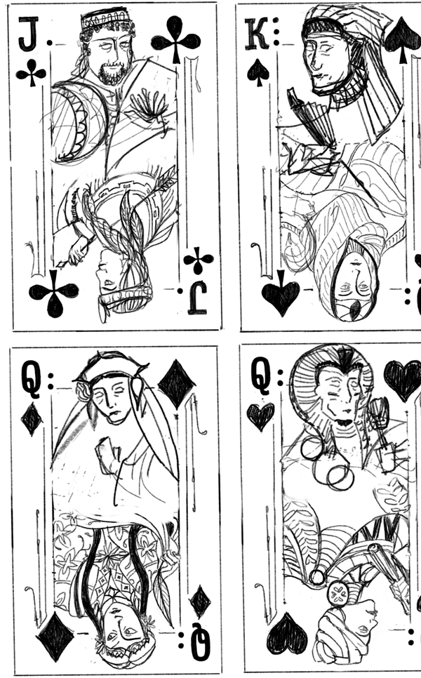 sketches of a diverse set of playing cards face cards